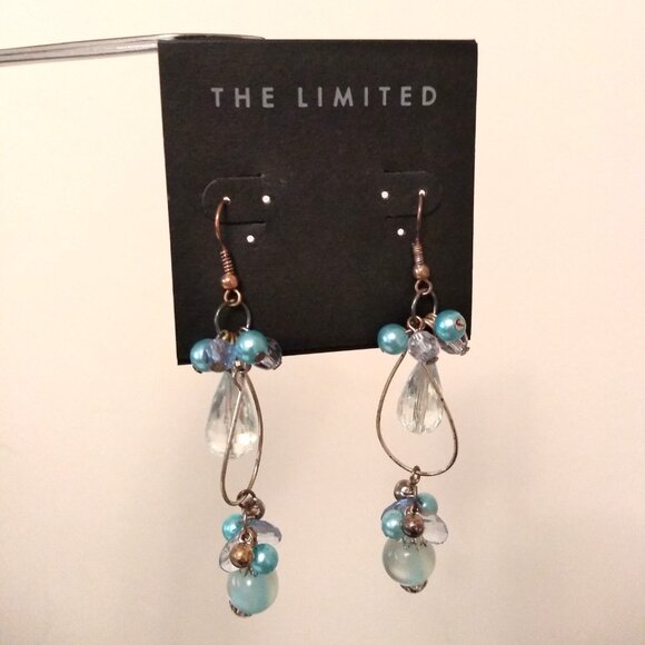Vintage Teal Blue Beads Silver Tone Dangle Drop Earrings Timeless VTG Jewelry - Picture 3 of 6